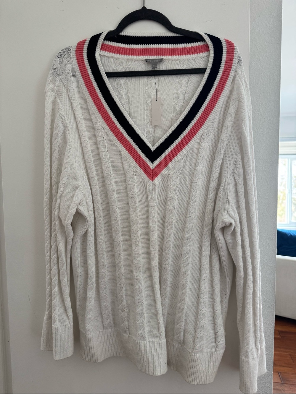 Talbots White Cable-Knit V-Neck Sweater with Pink & Navy Trim